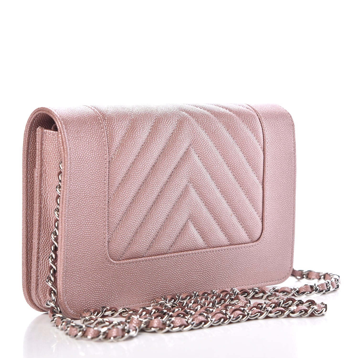 Chanel Metallic Caviar Chevron Quilted Vintage Mademoiselle Wallet On Chain WOC Pink 3 of 11