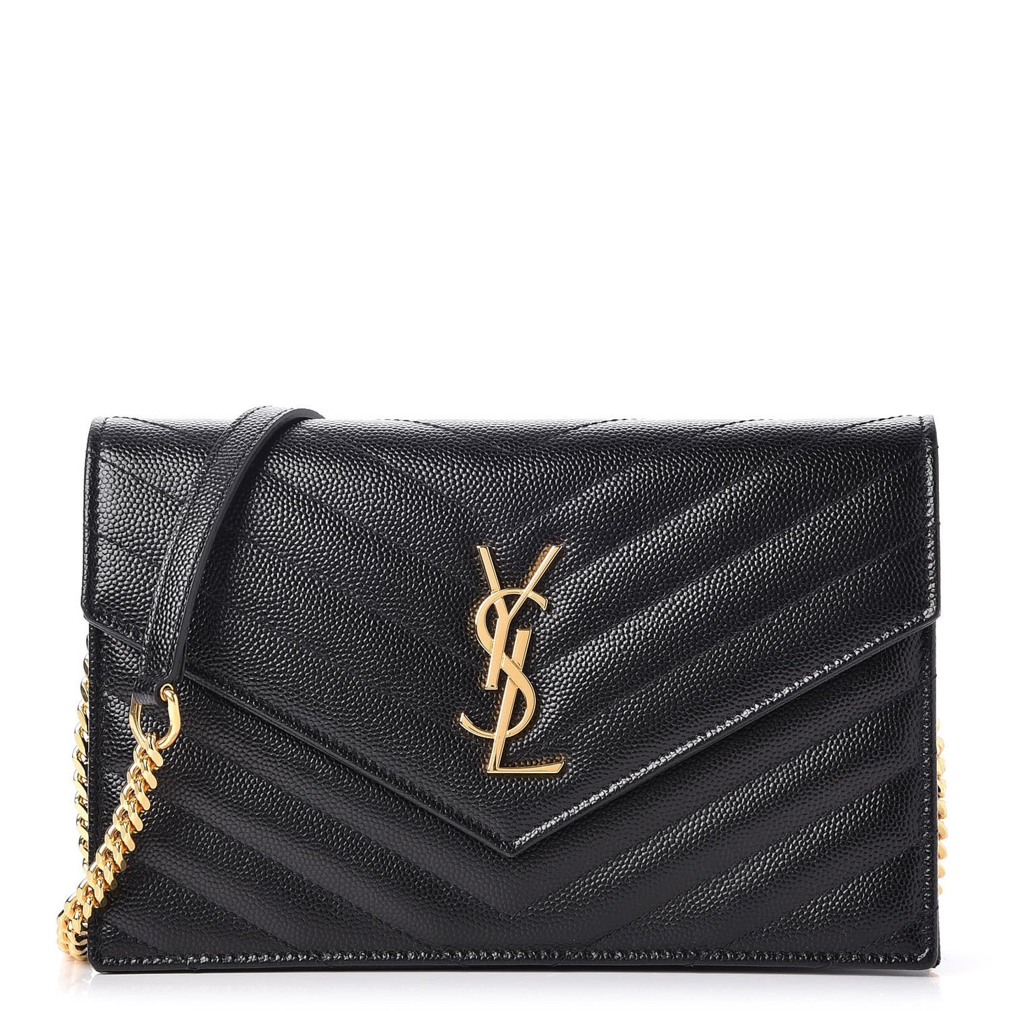 Grain De Poudre Matelasse Chevron Monogram Envelope Chain Wallet Black