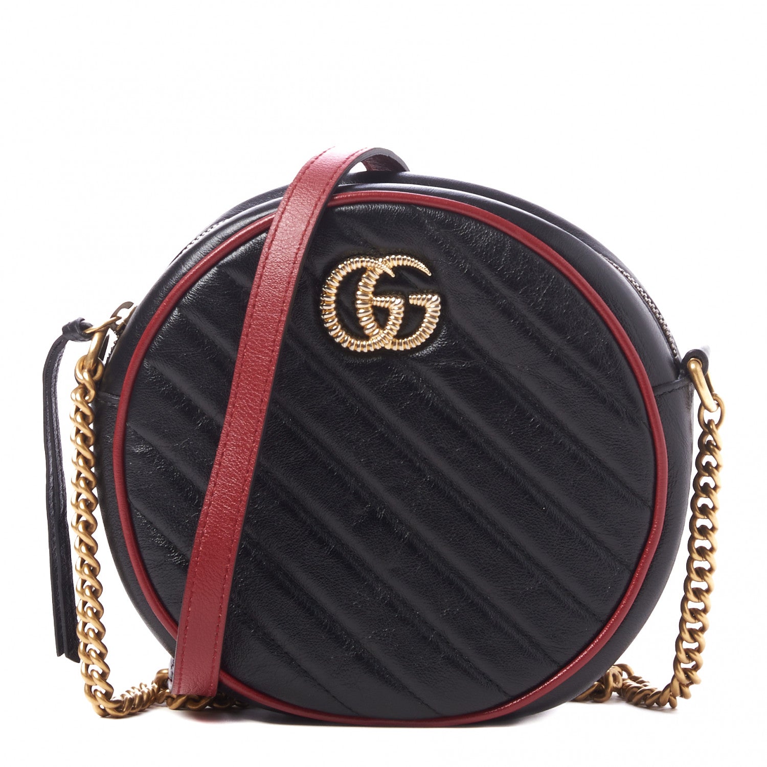 Gucci Vintage Effect Calfskin Matelasse Diagonal Mini Torchon GG Marmont Round Shoulder Bag Black Romantic Cherry 1 of 7