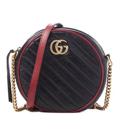 Gucci Vintage Effect Calfskin Matelasse Diagonal Mini Torchon GG Marmont Round Shoulder Bag Black Romantic Cherry 1 of 7