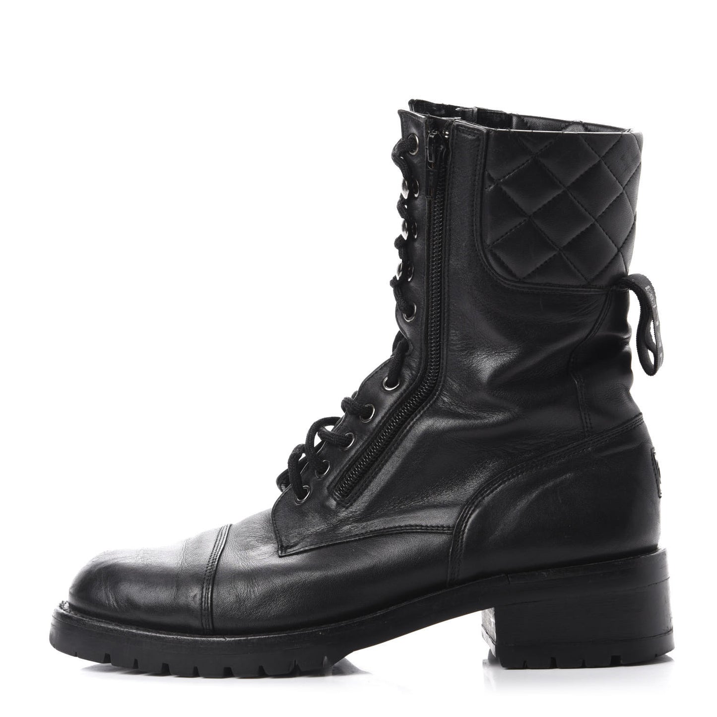 Calfskin Quilted Lace Up Combat Boots 40 Black
