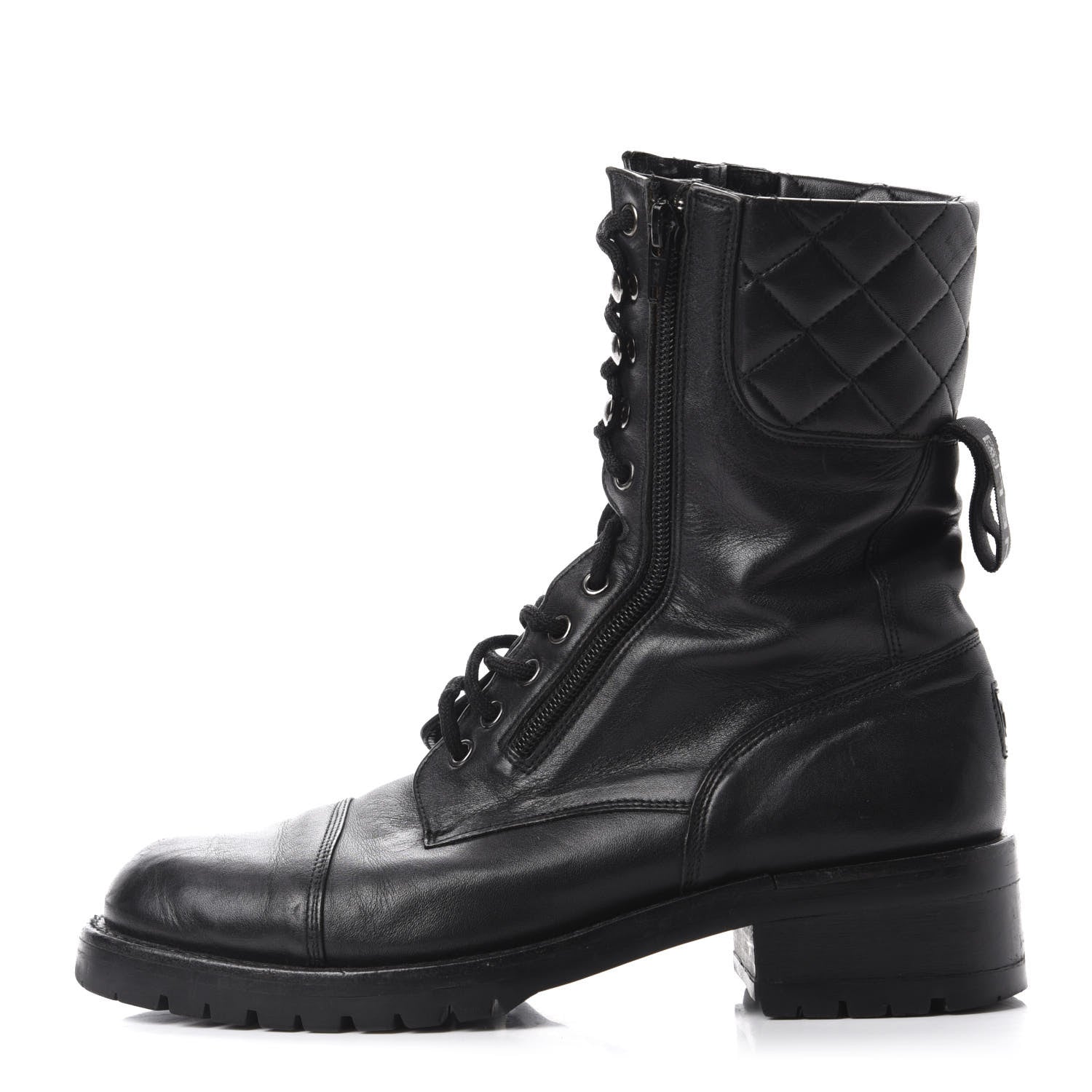 Chanel Calfskin Quilted Lace Up Combat Boots 40 Black 1 of 9