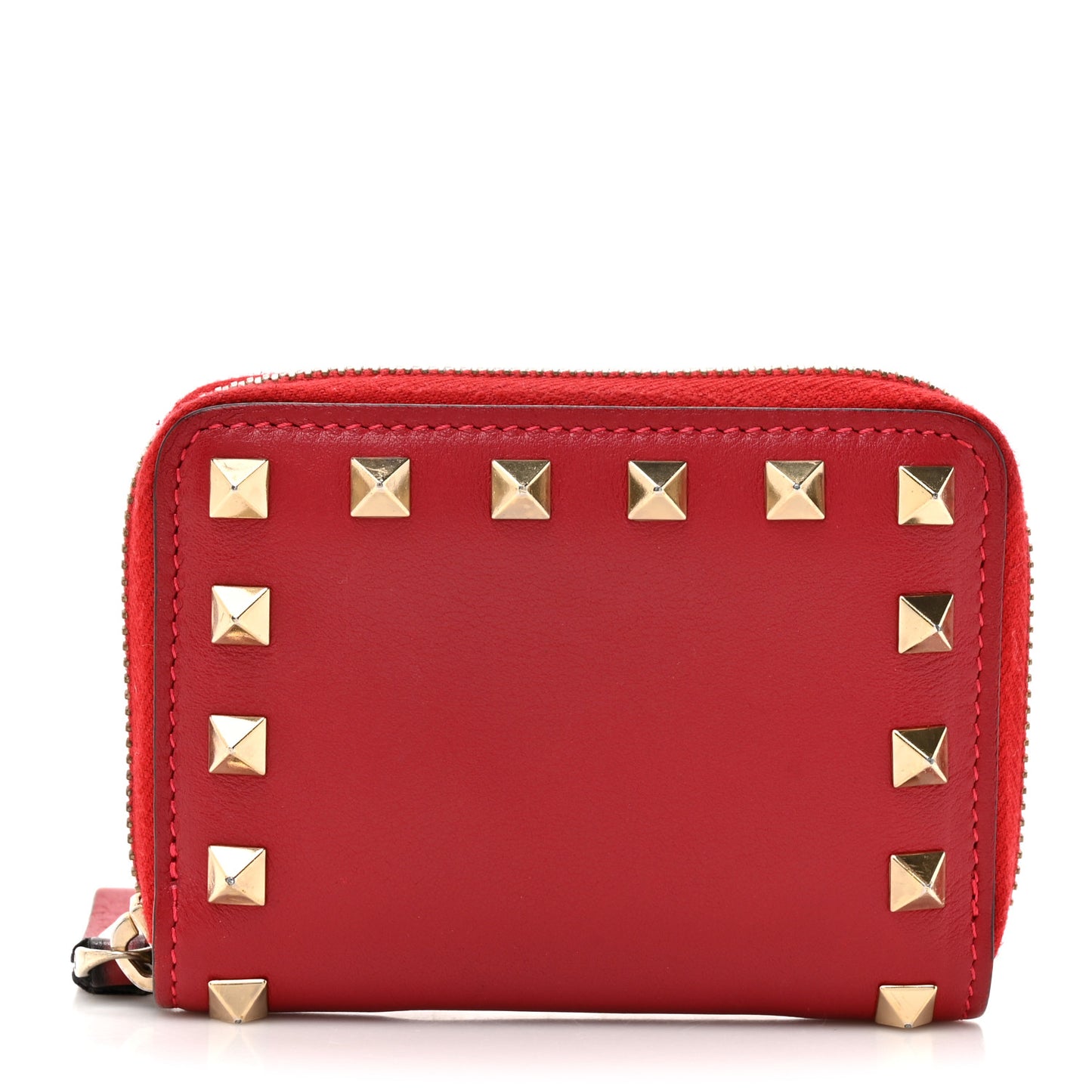 Calfskin Rockstud Compact Zip Around Wallet Rosso Valentino