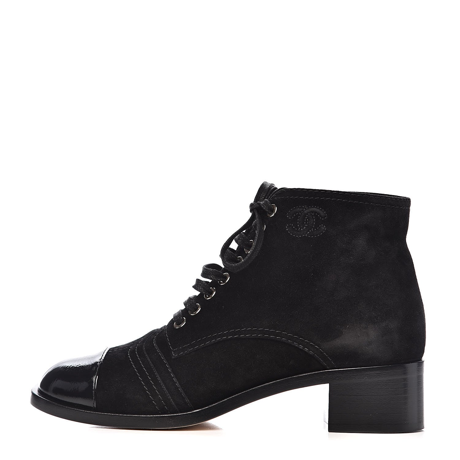 Chanel Suede Patent Cap Toe CC Boots 38.5 Black 1 of 11