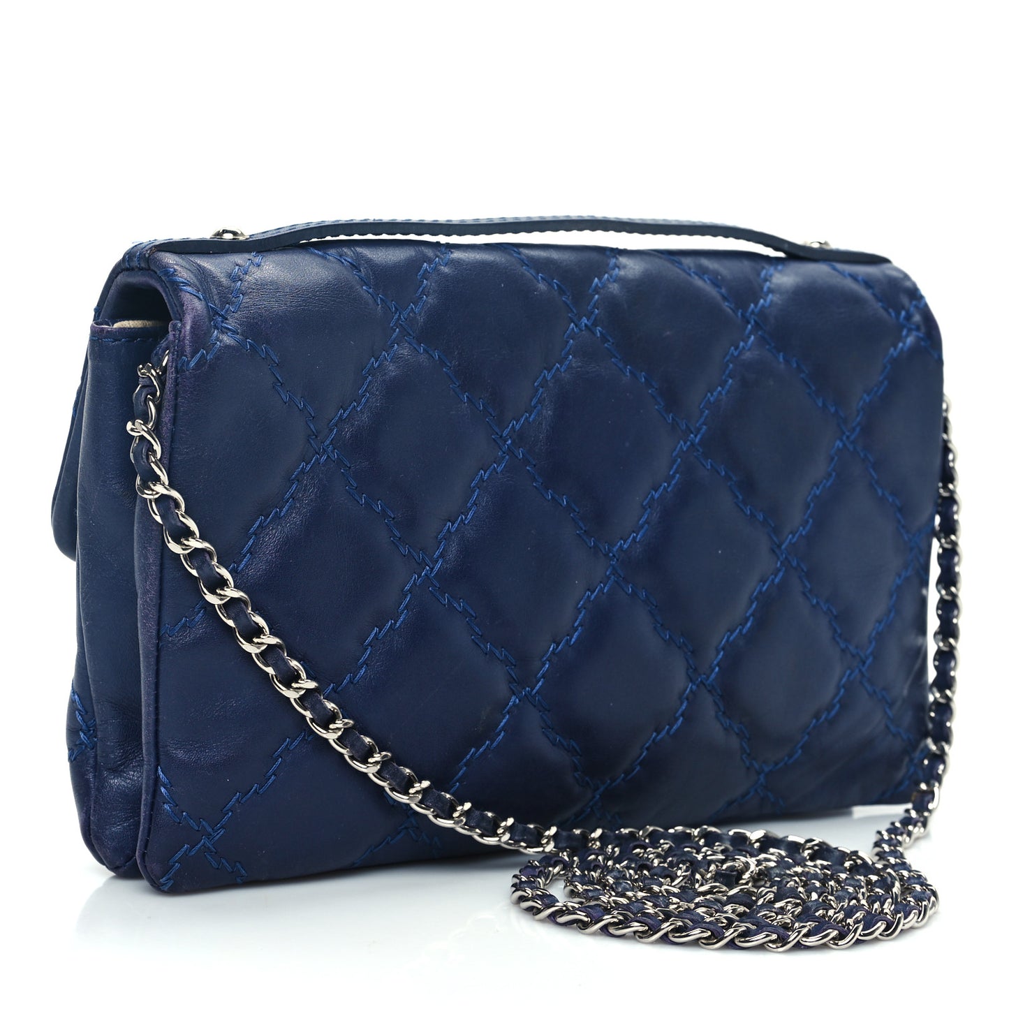 Calfskin Quilted Double Stitch Hamptons Clutch with Chain Blue