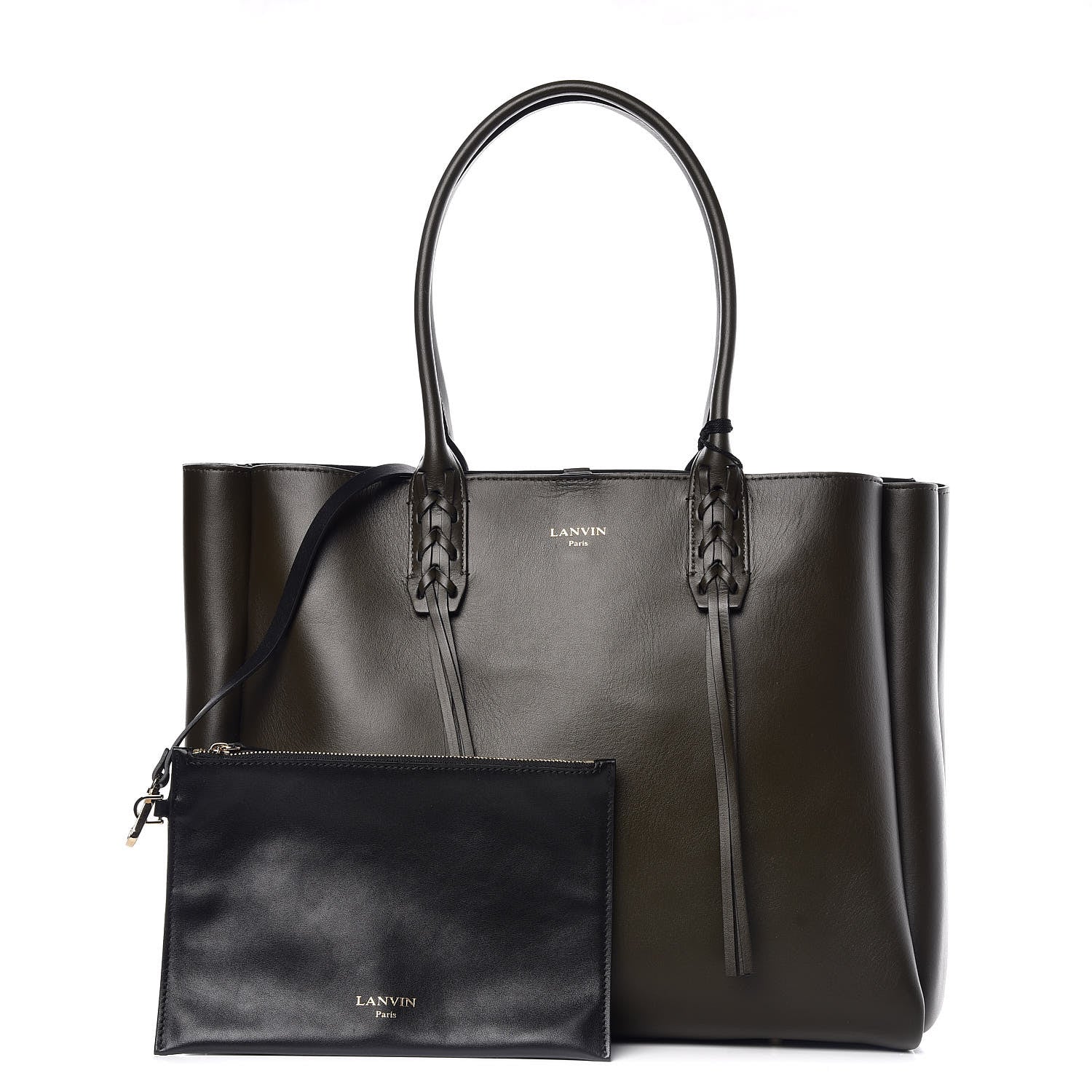 Lanvin Smooth Calfskin Small Fringe Shopper Tote Khaki Fonce 1 of 11