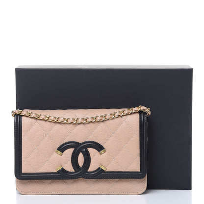 Chanel Caviar Quilted CC Filigree Wallet On Chain WOC Beige Black 13 of 13