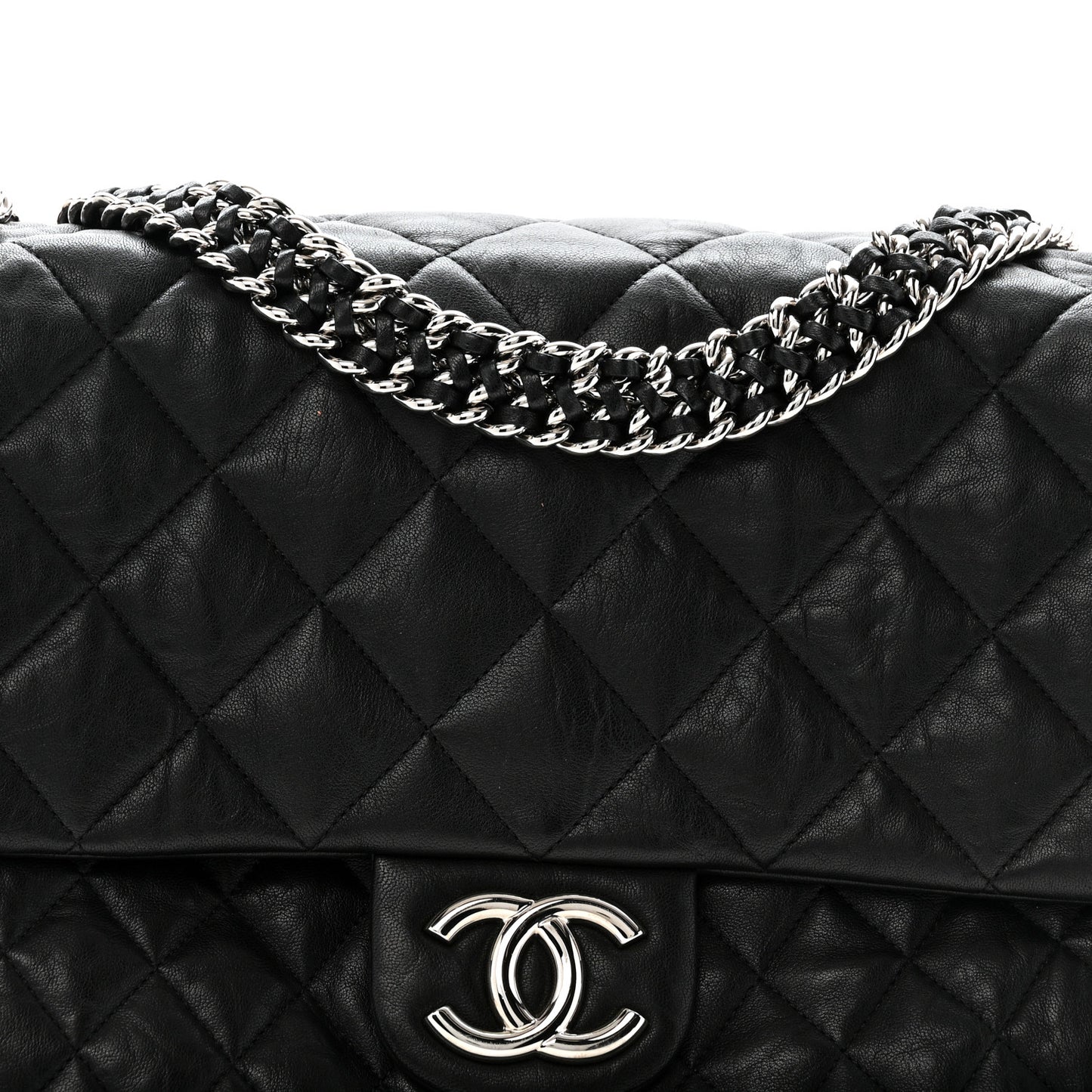 Washed Lambskin Quilted Maxi Chain Around Flap Black