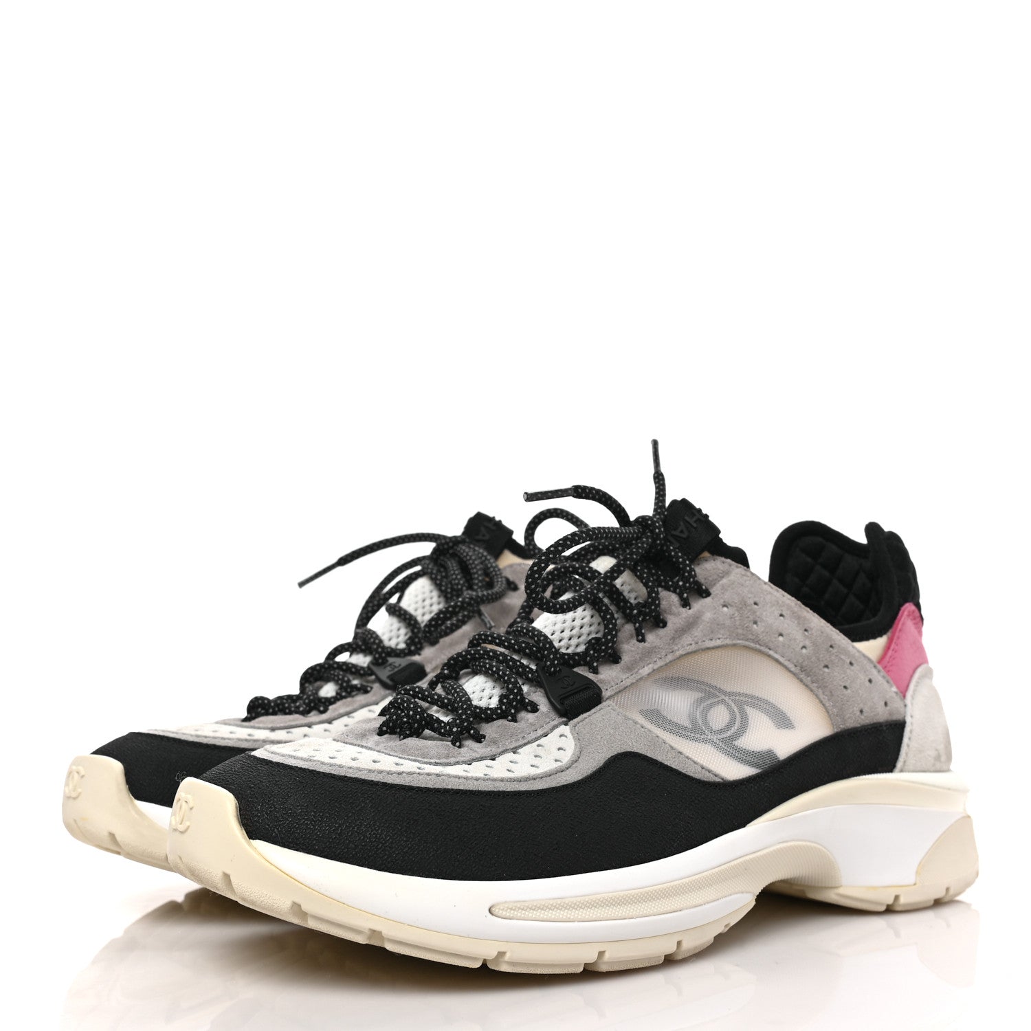 Chanel Suede Calfskin Womens CC Sneakers 37.5 Black Grey Ivory 3 of 9