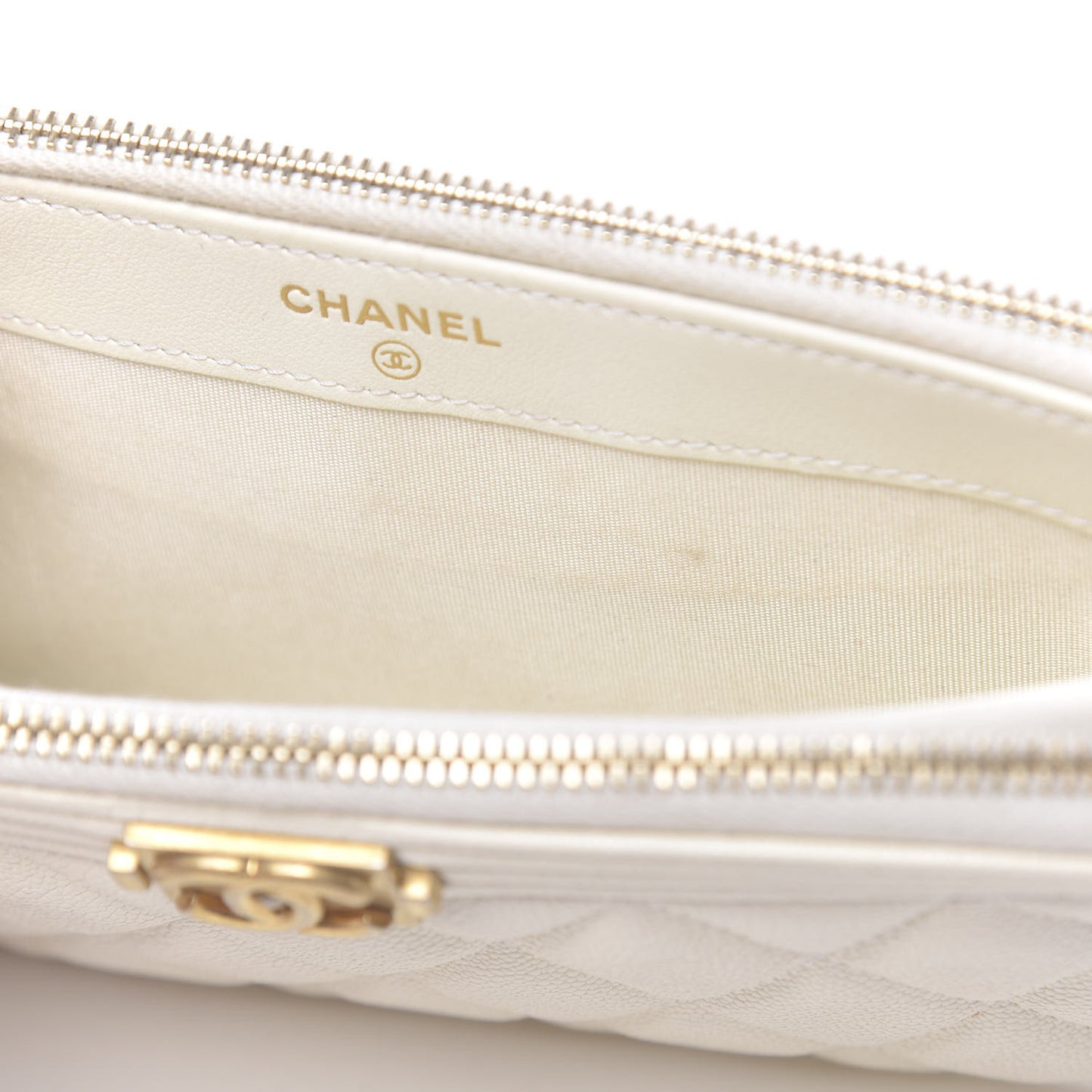 Caviar Quilted Small Boy Clutch With Chain White
