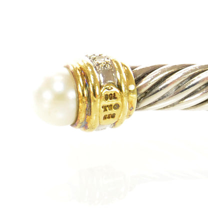 David Yurman Sterling Silver and 18k Gold Diamond Pearl Cable Cuff 5 of 6