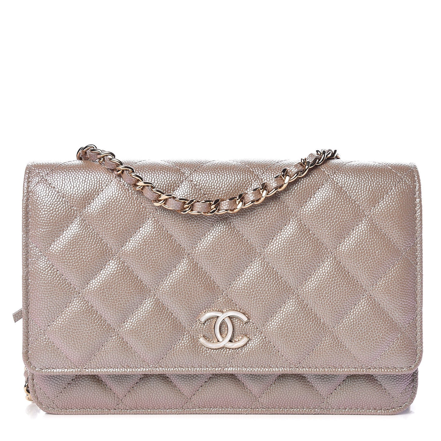 Iridescent Caviar Quilted Wallet On Chain WOC Beige