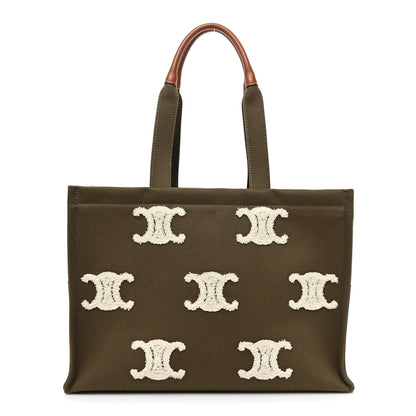 Celine Canvas Calfskin Embroidered Triomphe Large Cabas Thais Khaki Tan 1 of 13