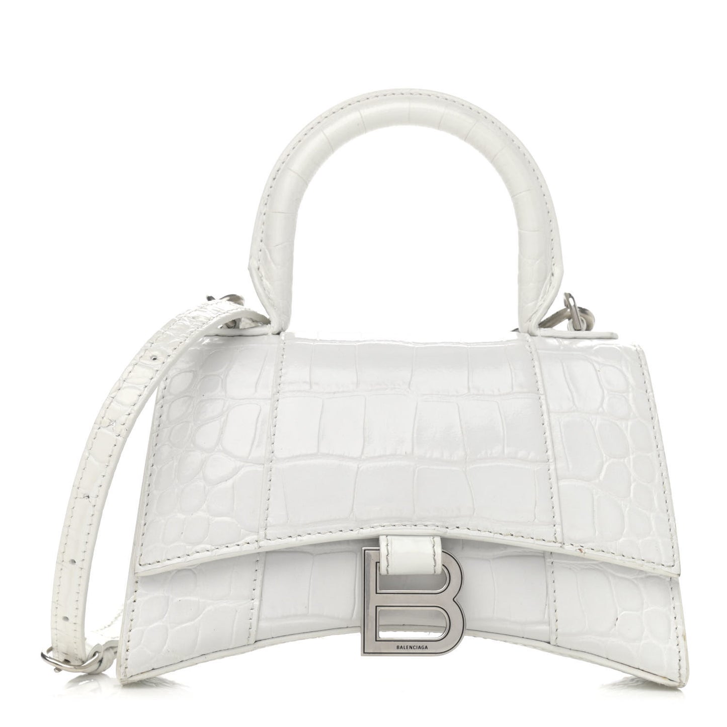 Shiny Calfskin Crocodile Embossed Hourglass Top Handle Bag XS White