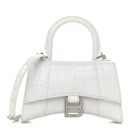 Balenciaga Shiny Calfskin Crocodile Embossed Hourglass Top Handle Bag XS White 1 of 19