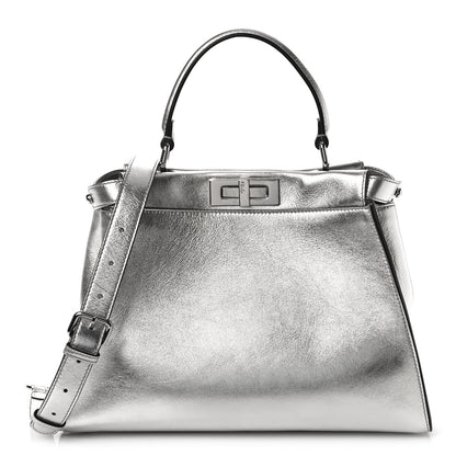 Fendi Vitello Catalan Mirror Medium Peekaboo Iconic Satchel Argento 1 of 8