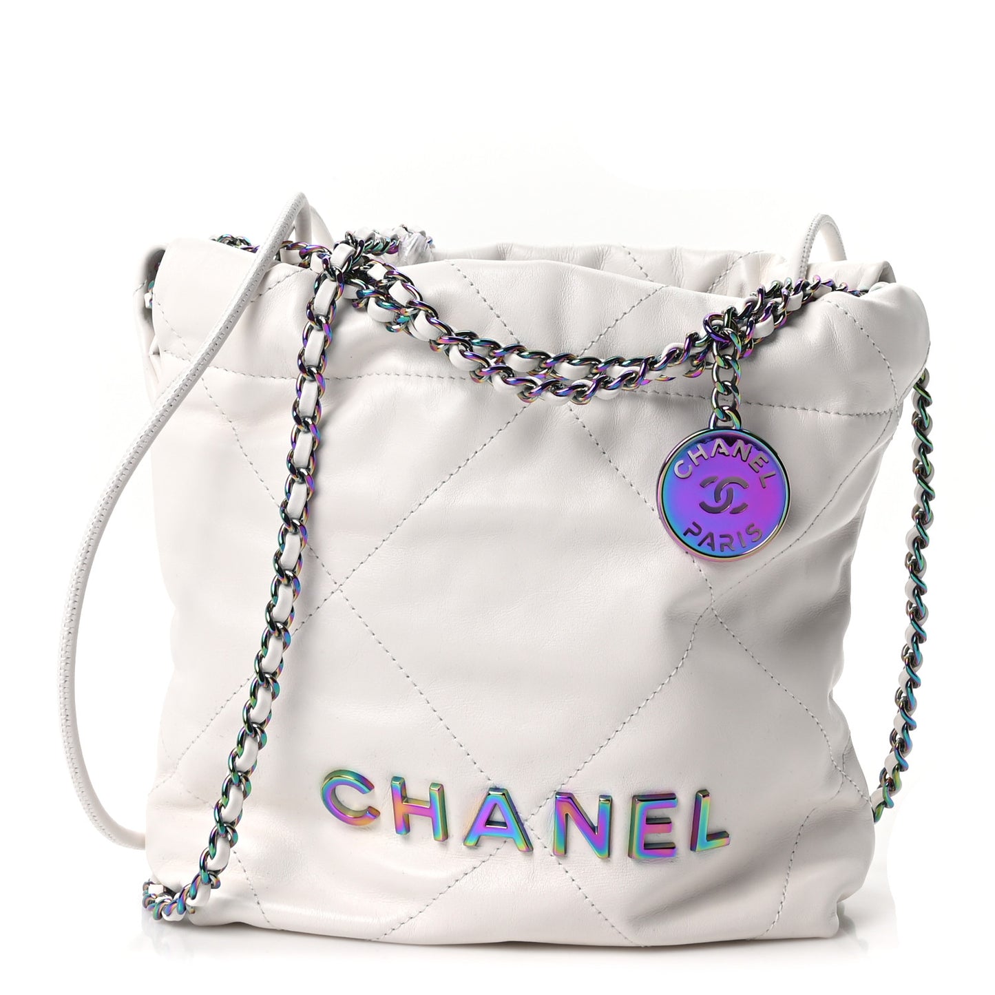 Shiny Calfskin Quilted Rainbow Mini Chanel 22 White