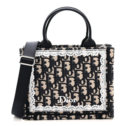 Christian Dior Oblique Embroidered Lace Mini Book Tote With Strap Blue White 1 of 9