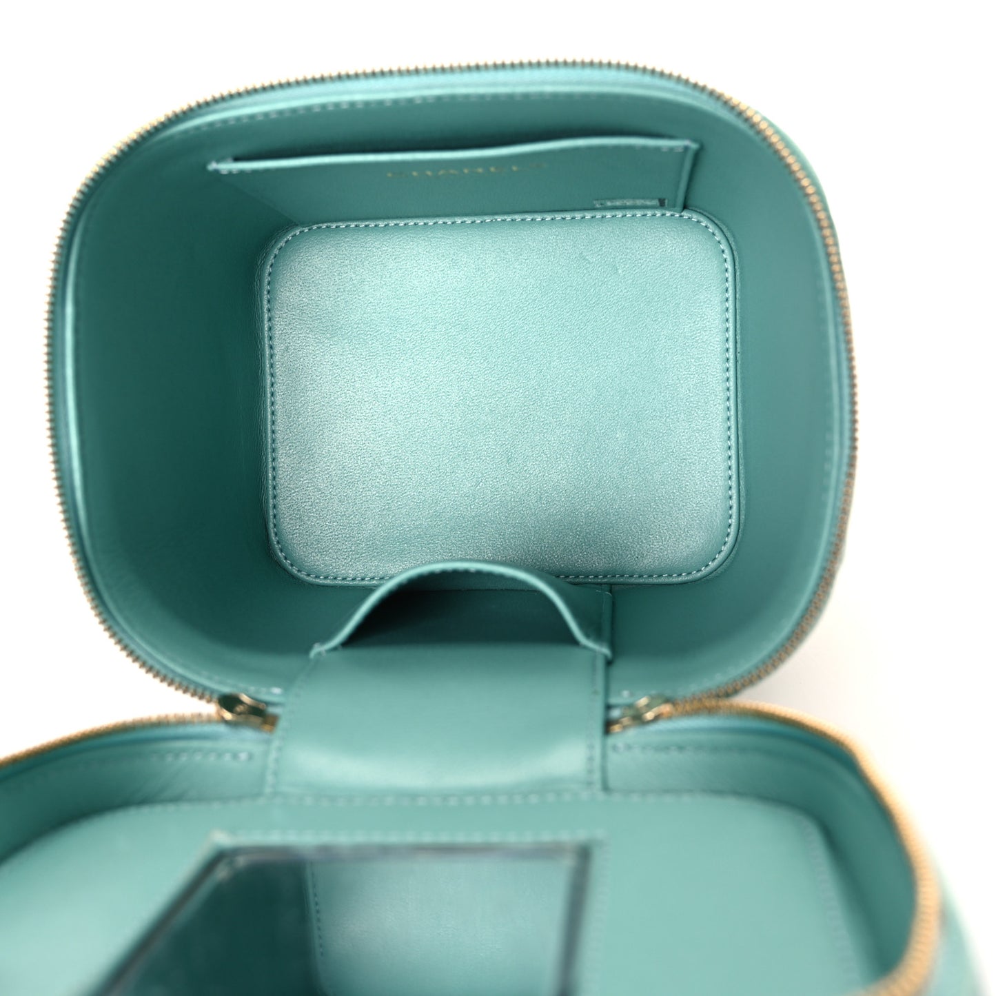 Caviar Quilted Small Top Handle Vanity Case With Chain Light Blue