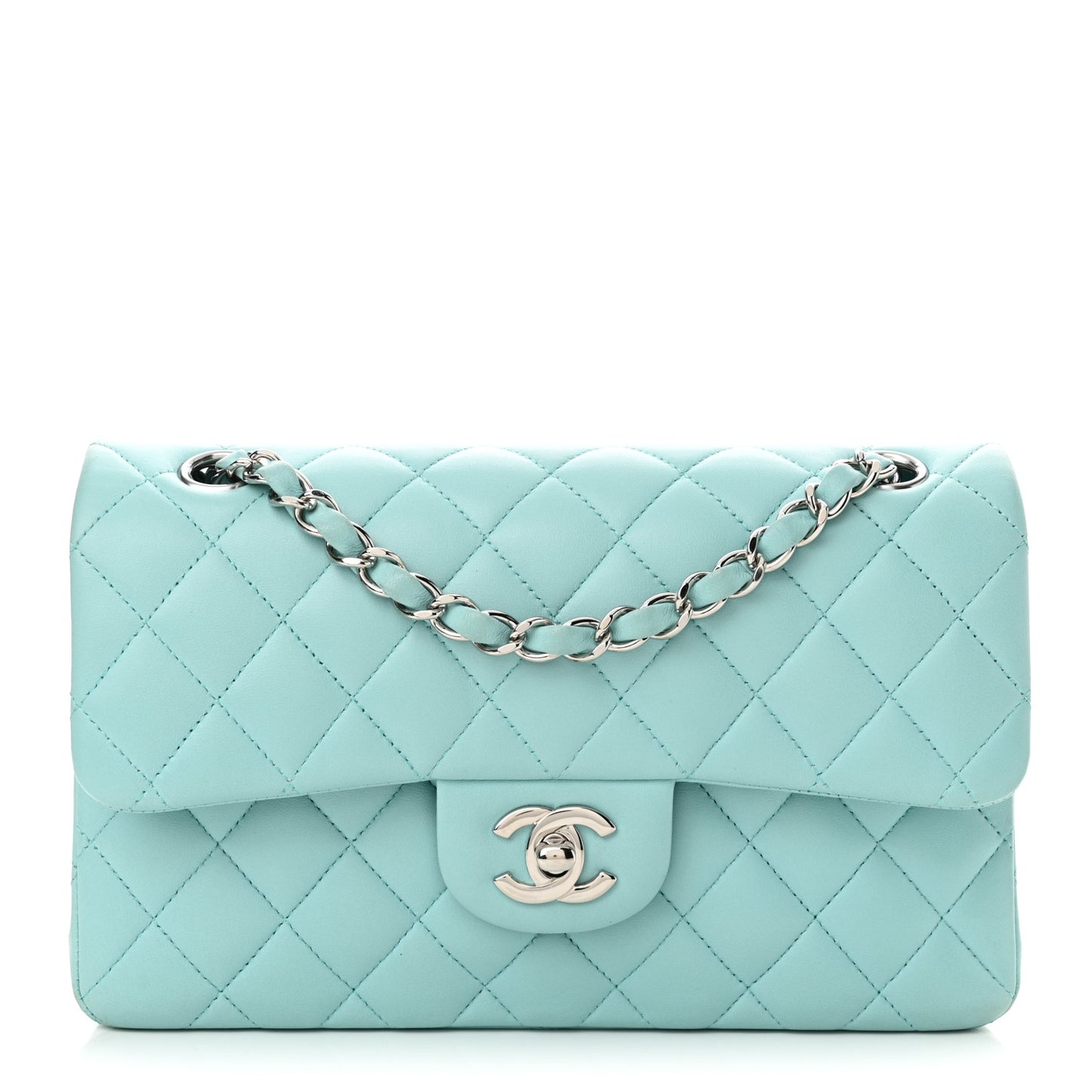 Lambskin Quilted Small Double Flap Light Blue