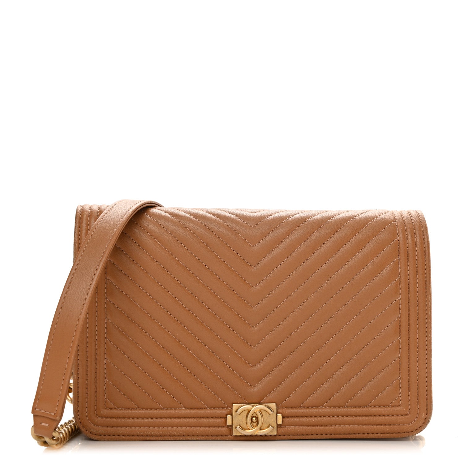Chanel Lambskin Chevron Quilted Boy Wallet On Chain WOC Brown 1 of 12