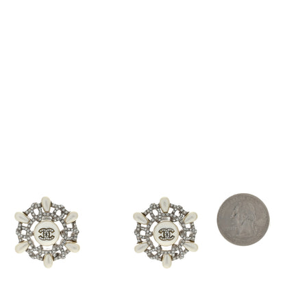 Chanel Pearl Crystal CC Wheel Earrings Pearly White Silver 2 of 4