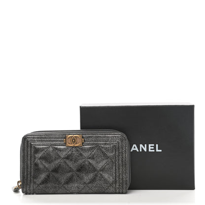 Chanel Cracked Metallic Calfskin Quilted Medium Boy Zip Around Wallet Dark Silver 17 of 18
