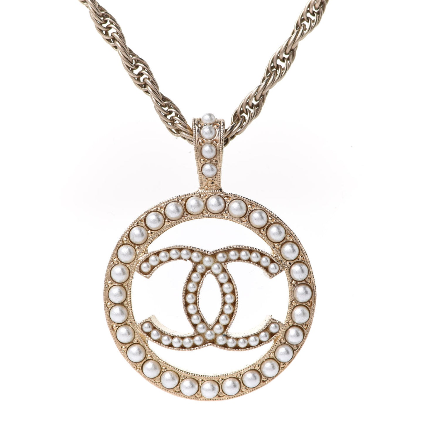 Pearl CC Round Pendant Necklace Gold