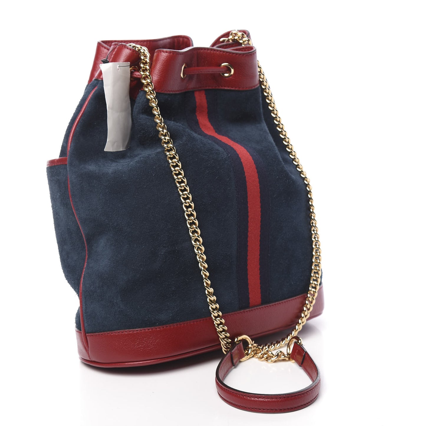 Suede Calfskin Web Medium Rajah Bucket Bag New Blue Romantic Cherry