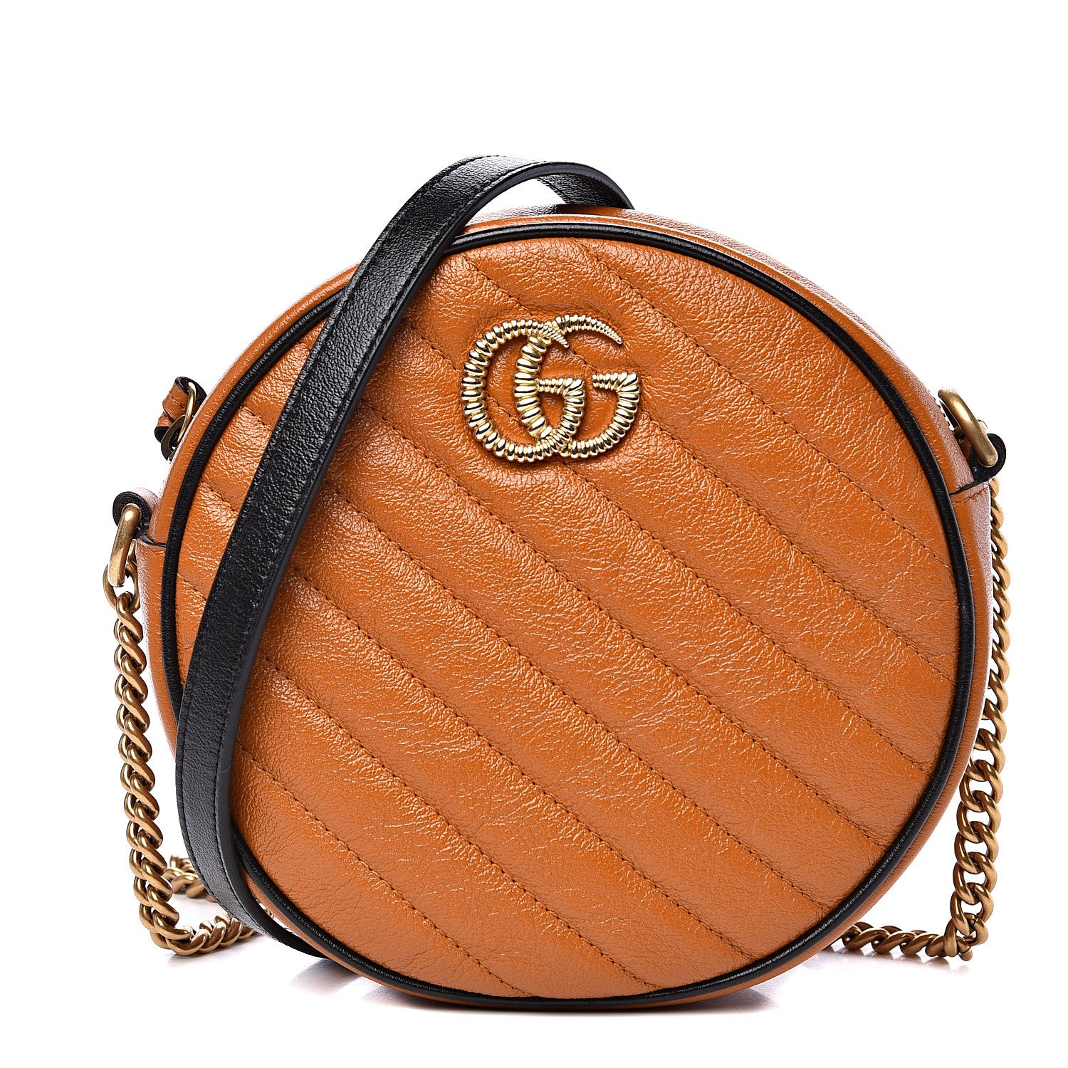 Gucci Azalea Calfskin Matelasse Diagonal Mini Torchon GG Marmont Round Shoulder Bag Cognac Black 1 of 10