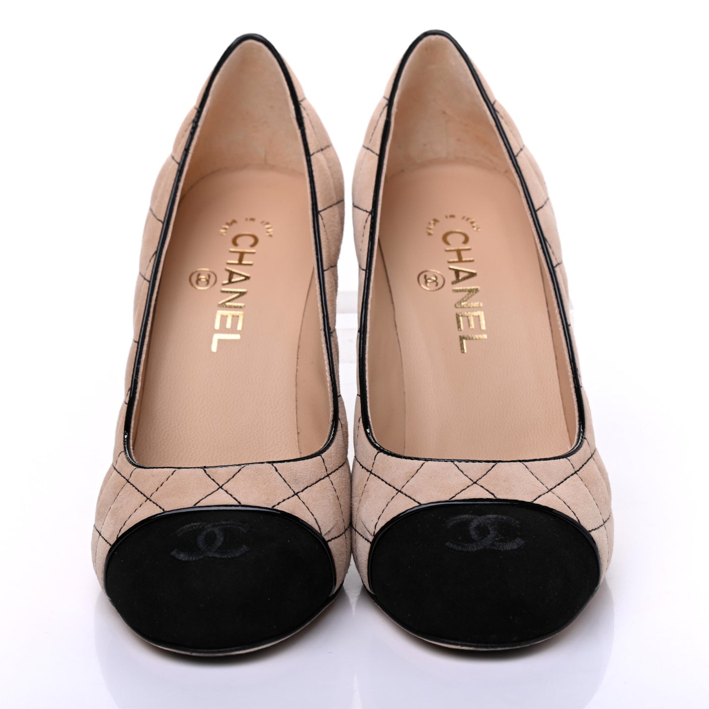 Suede Quilted Cap Toe Pumps 39 Beige Black