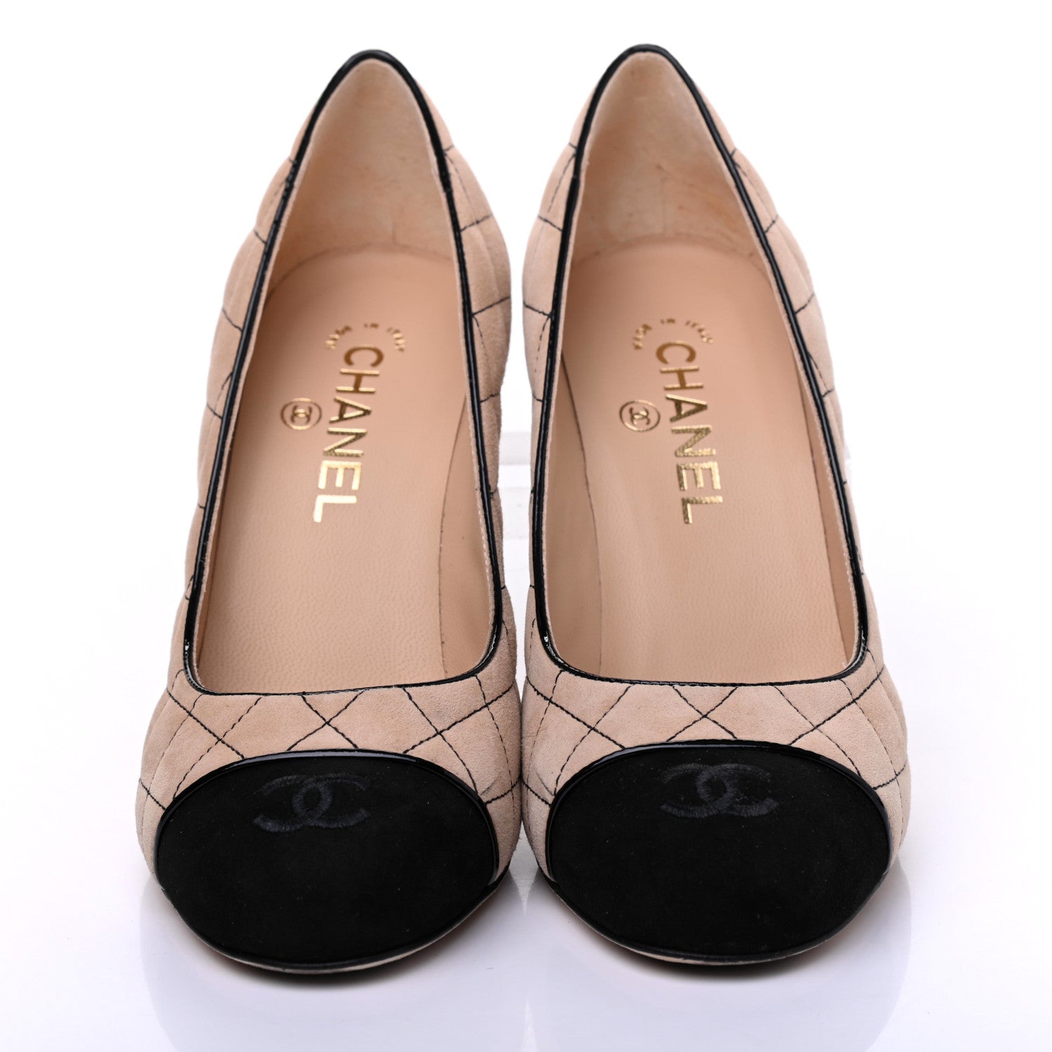 Chanel Suede Quilted Cap Toe Pumps 39 Beige Black 5 of 20