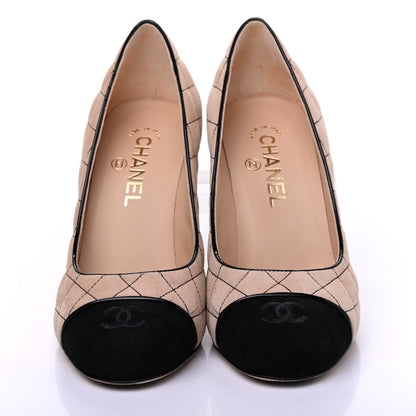 Chanel Suede Quilted Cap Toe Pumps 39 Beige Black 5 of 20