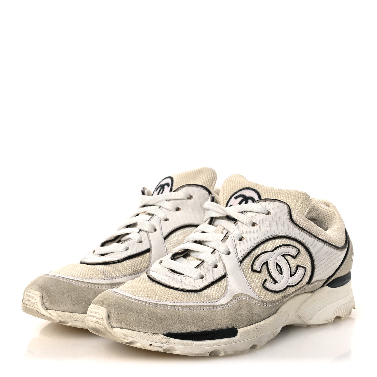 Chanel Mesh Suede Calfskin Grosgrain Womens CC Sneakers 37.5 White Black 4 of 14