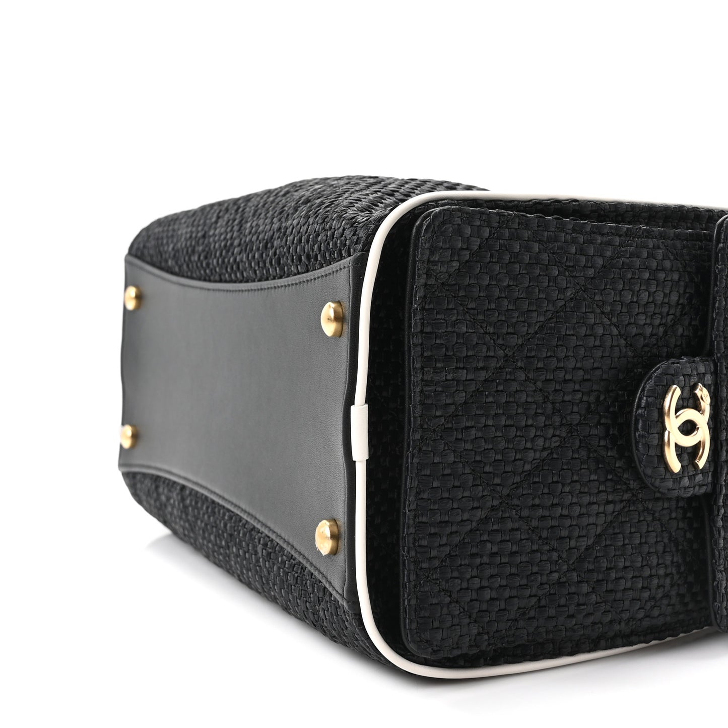 Braided Raffia Calfskin Quilted Small Chanel 25 Handbag Black White