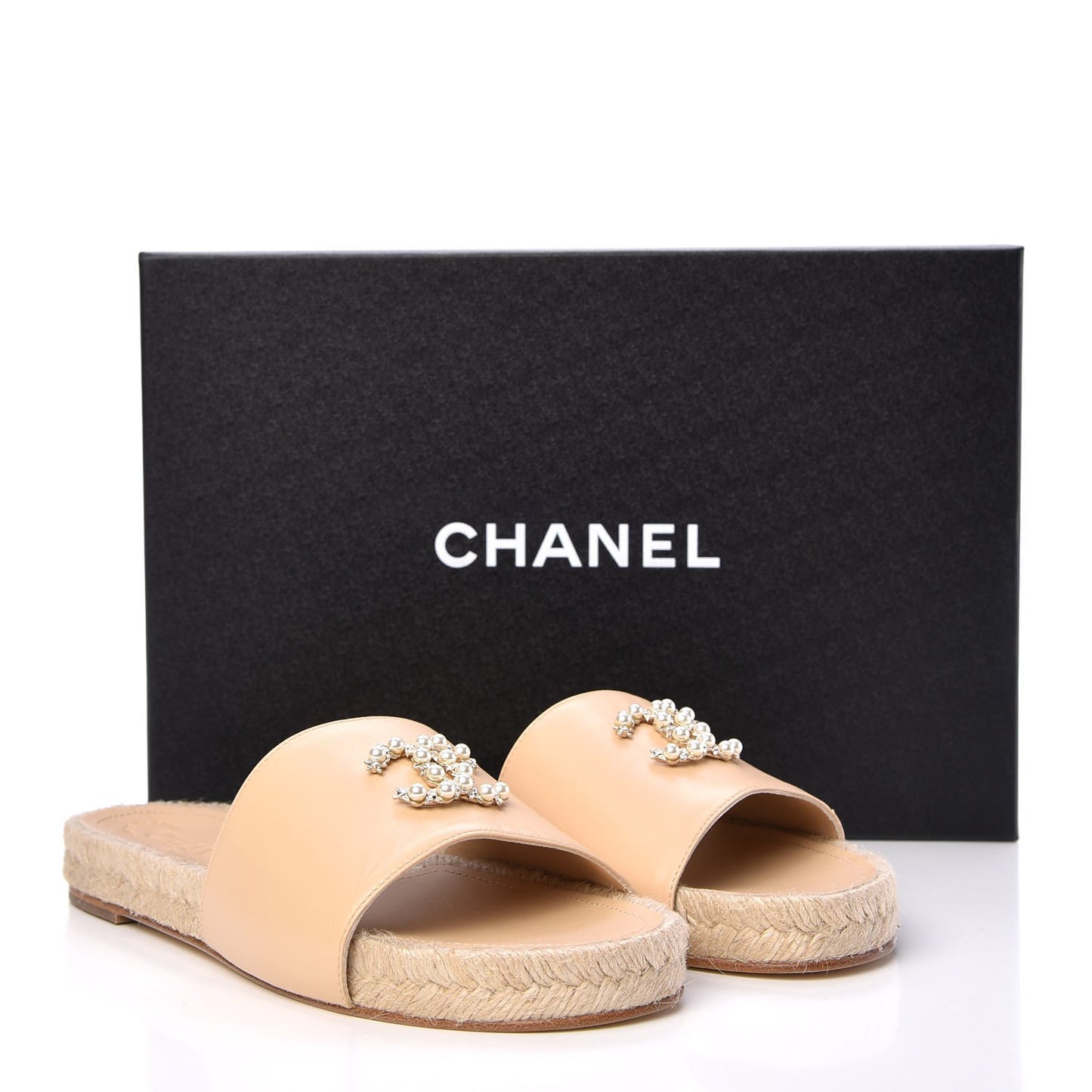 Lambskin Pearl CC Espadrille Slip On Sandals 37 Beige