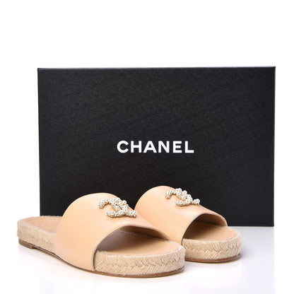 Chanel Lambskin Pearl CC Espadrille Slip On Sandals 37 Beige 10 of 10
