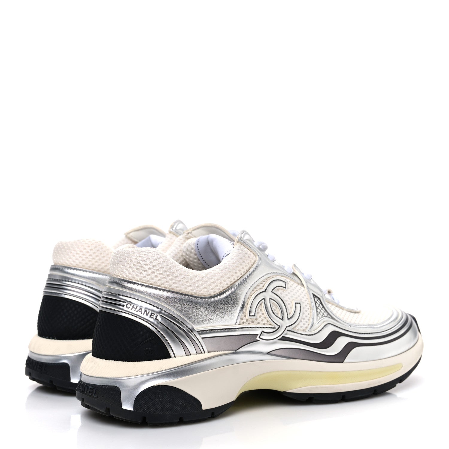 Chanel Fabric Laminated Calfskin Stretch CC Womens Sneakers 40 White Silver 5 of 11