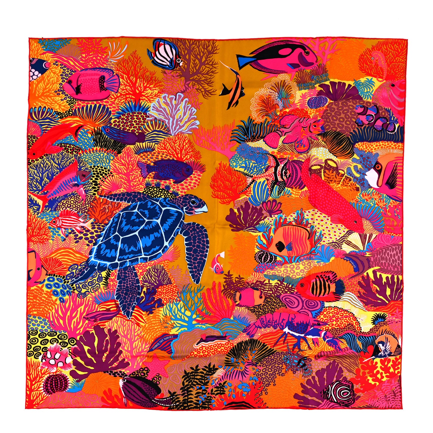 Silk Under The Waves Scarf 90  Ocre Rose Vif Bleu