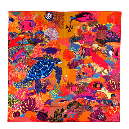 Hermes Silk Under The Waves Scarf 90  Ocre Rose Vif Bleu 1 of 4