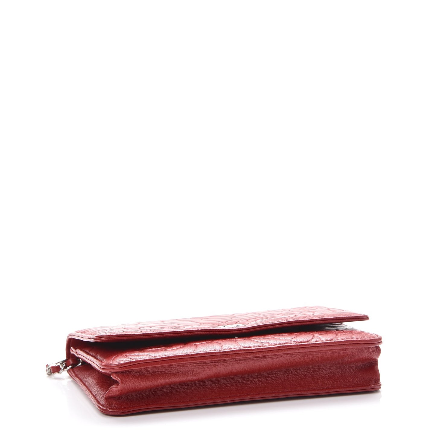 Lambskin Camellia Embossed Wallet On Chain WOC Dark Red