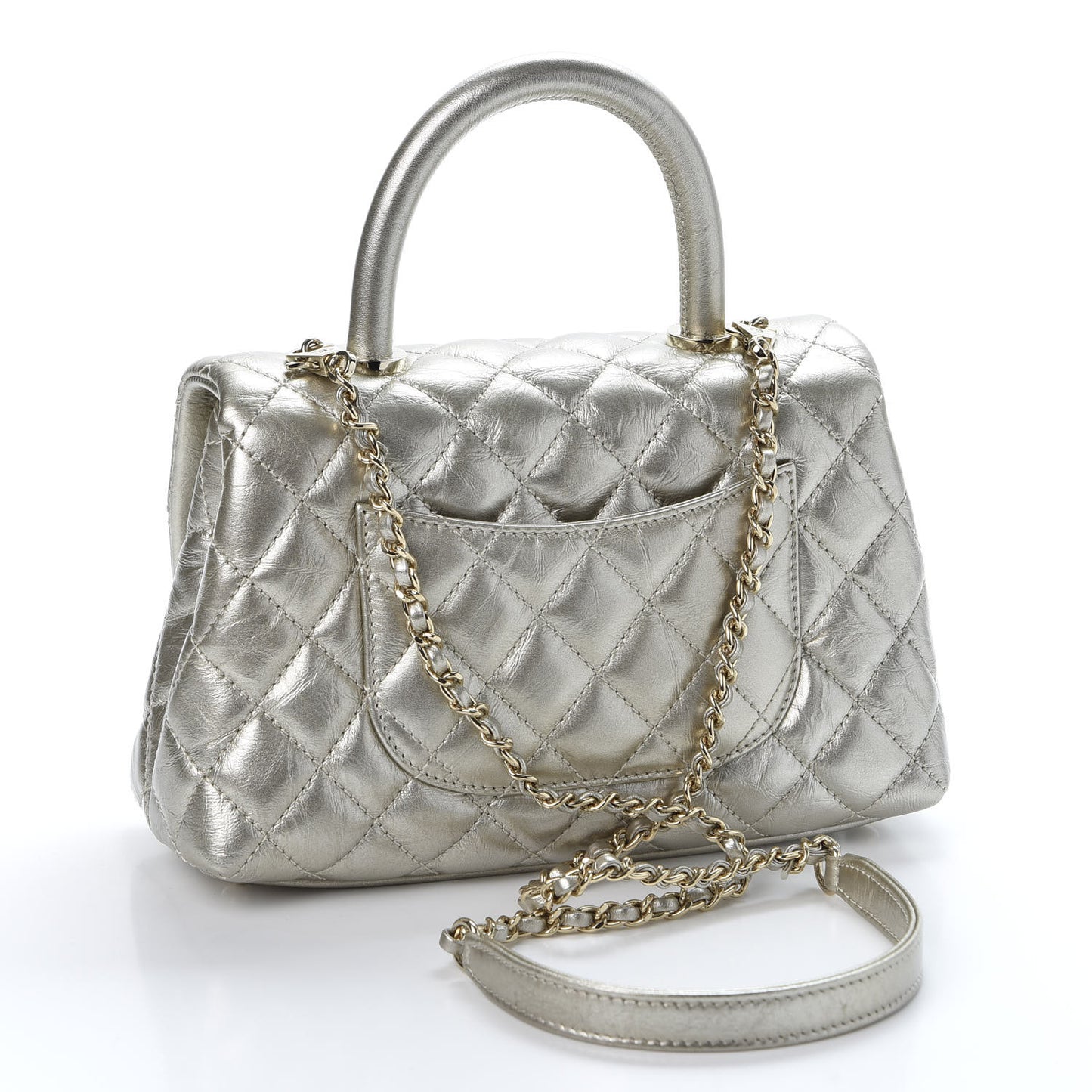 Metallic Aged Calfskin Quilted Mini Coco Handle Flap Silver