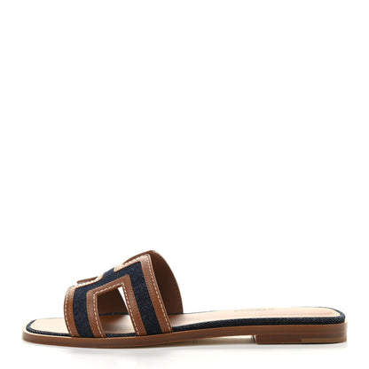 Hermes Calfskin Denim Oran Sandals 37.5 Bleu Brut Gold 1 of 8