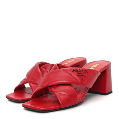 Prada Nappa Logo Quilted Crisscross 65mm Block Heel Slide Sandals 38 Red 4 of 10