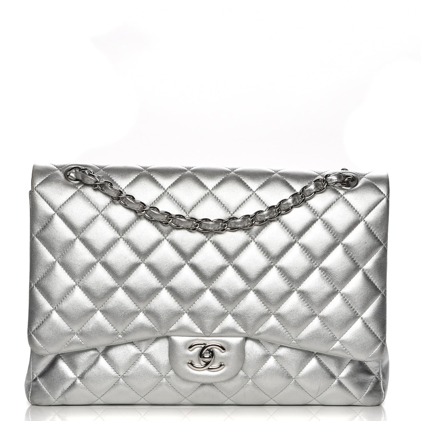 Metallic Lambskin Quilted Maxi Single Flap Silver