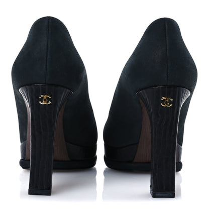 Chanel Wax Suede Wood Pumps 38 Black Brown 6 of 11