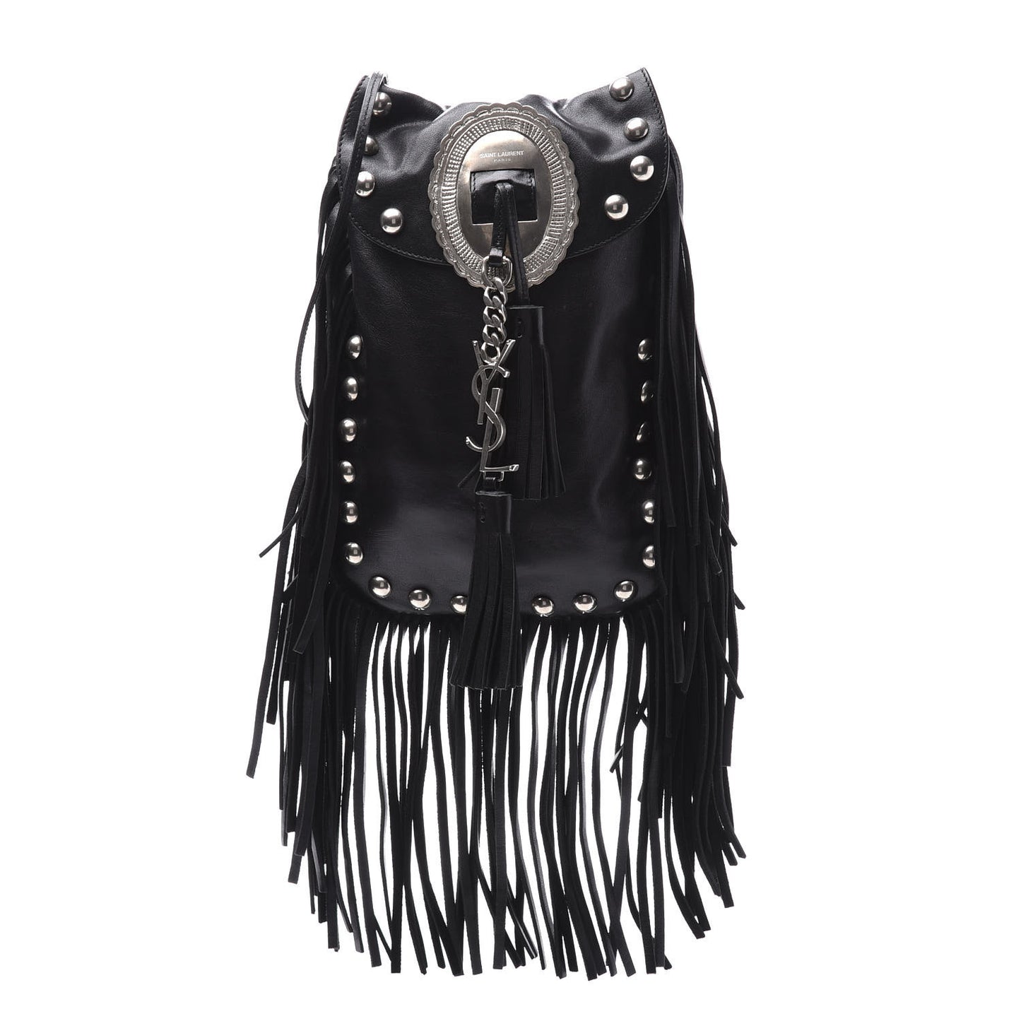 Calfskin Fringe Small Studded Anita Crossbody Bag Black