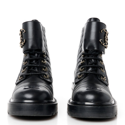 Chanel Shiny Goatskin Calfskin Quilted Lace Up Combat Boots 38 Black 2 of 11