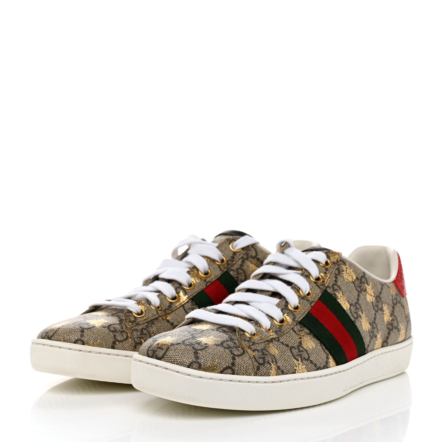 GG Supreme Monogram Bees Ayers Web Womens Ace Sneakers 38.5 Beige Oro Green Red