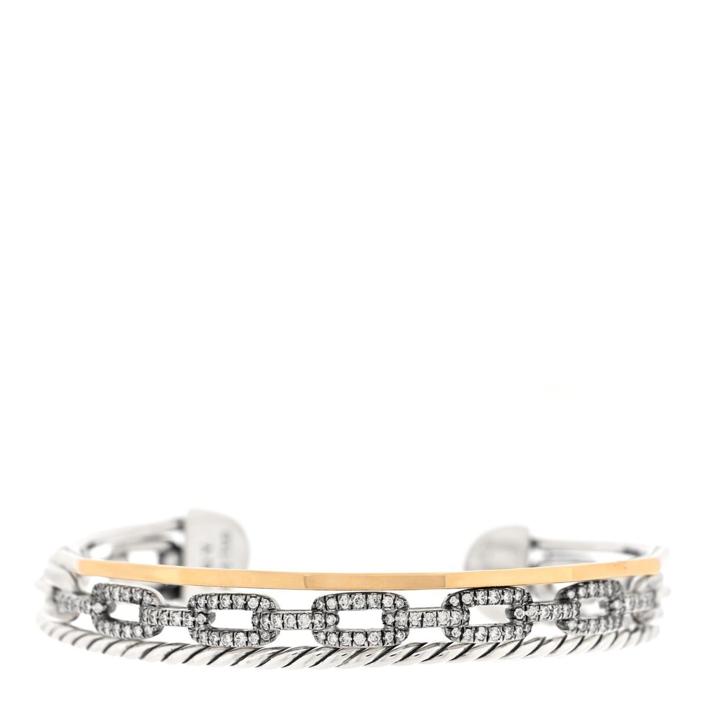 18K Yellow Gold Sterling Silver Diamond 3 Row Chain Link Stax Cuff Bracelet